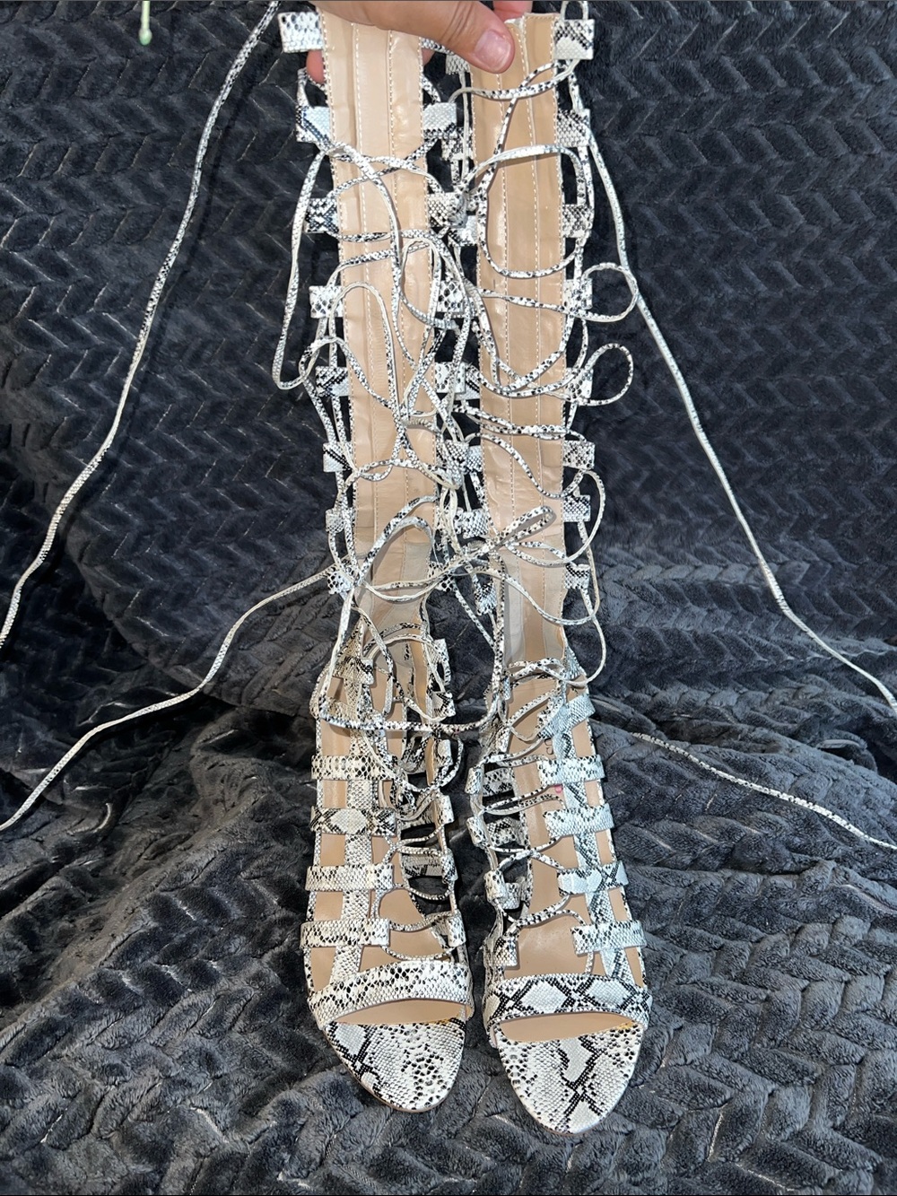 Just Fab Lace-Up Snake Print Gladiator Sandals - White/Black
